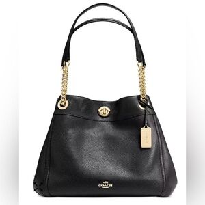Coach Edie Turnlock 87239. Black Leather Shoulder Bag with Gold Accents